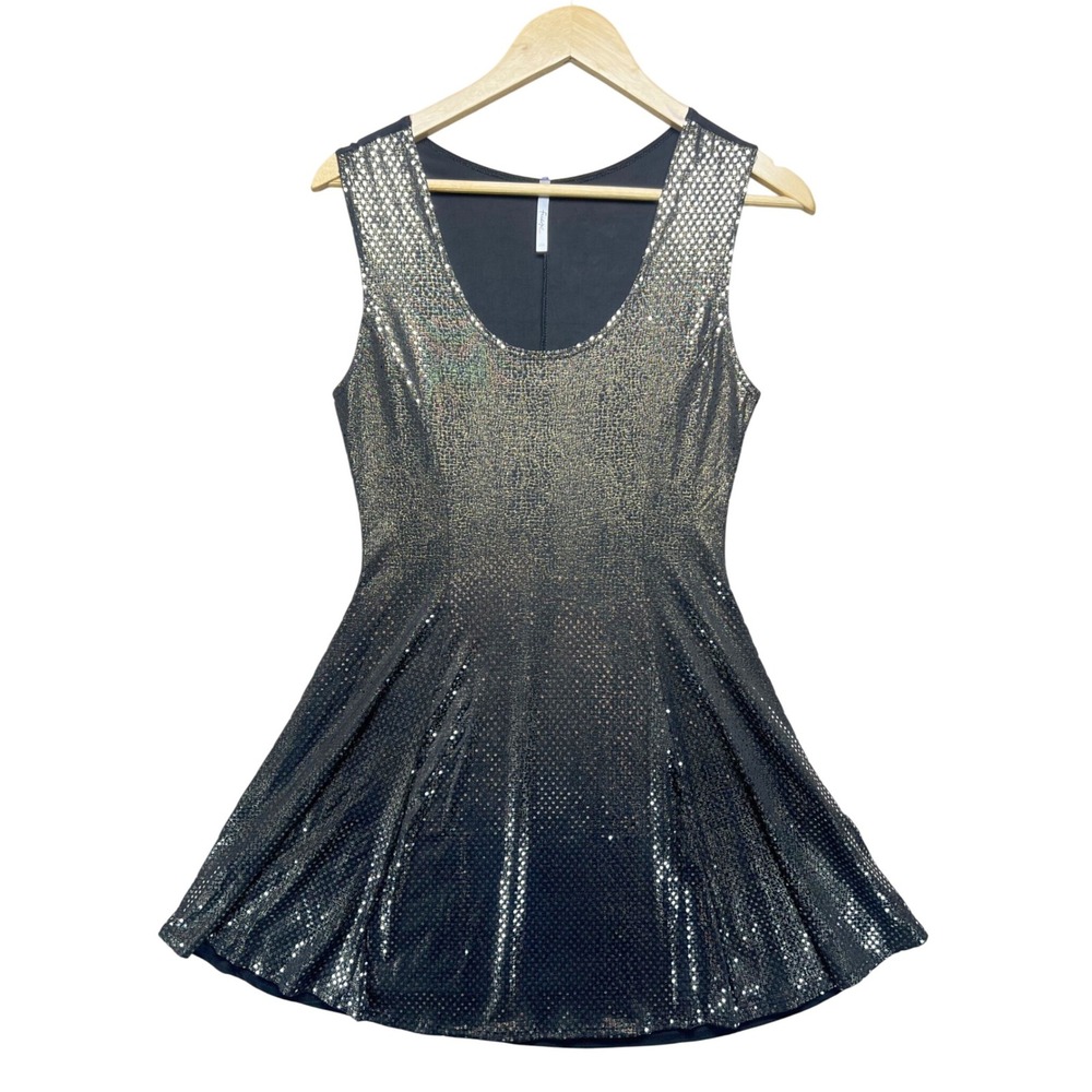 Black Gold Sequin Fit Flare Party Mini Dress M Y2K‎ Retro Party Bodycon
